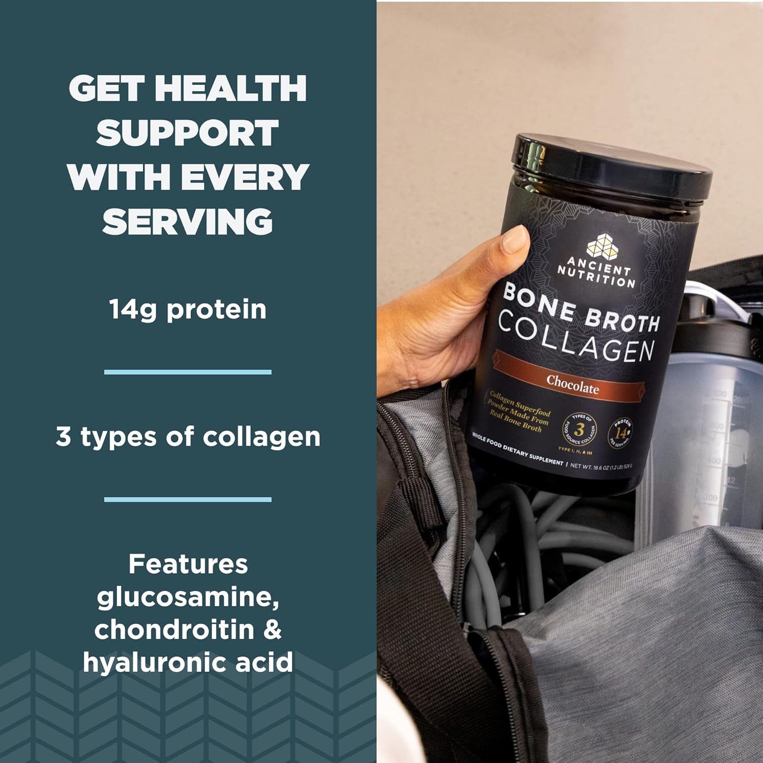 Ancient Nutrition Collagen Powder, Bone Broth Collagen, Chocolate, Hydrolyzed Multi Collagen Peptides, Supports Skin and Nails, Joint Supplement, 30 Servings, 18.6oz