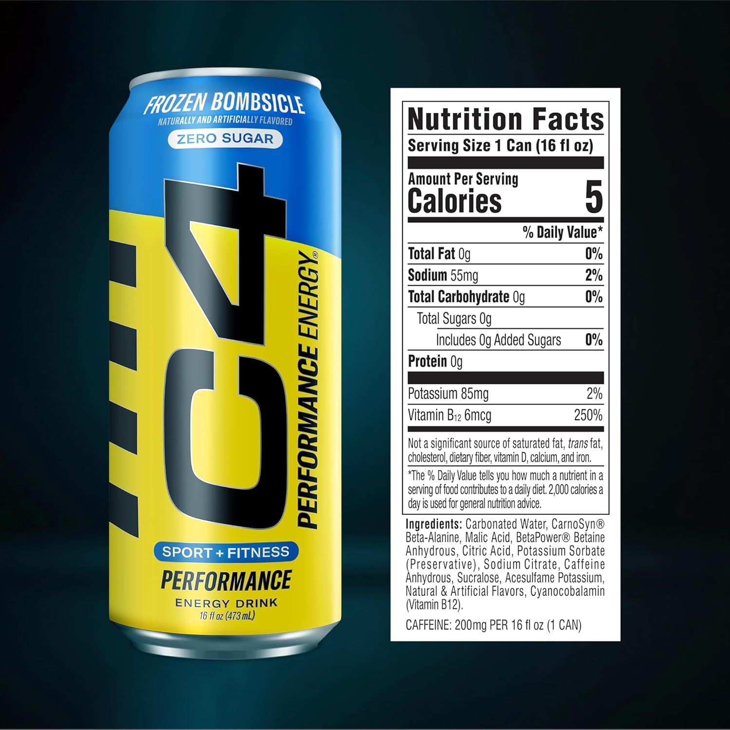 C4 Energy Carbonated Zero Sugar Energy Drink, Pre Workout Drink + Beta Alanine, Sparkling Frozen Bombsicle, 16 Fl Oz (Pack of 12)