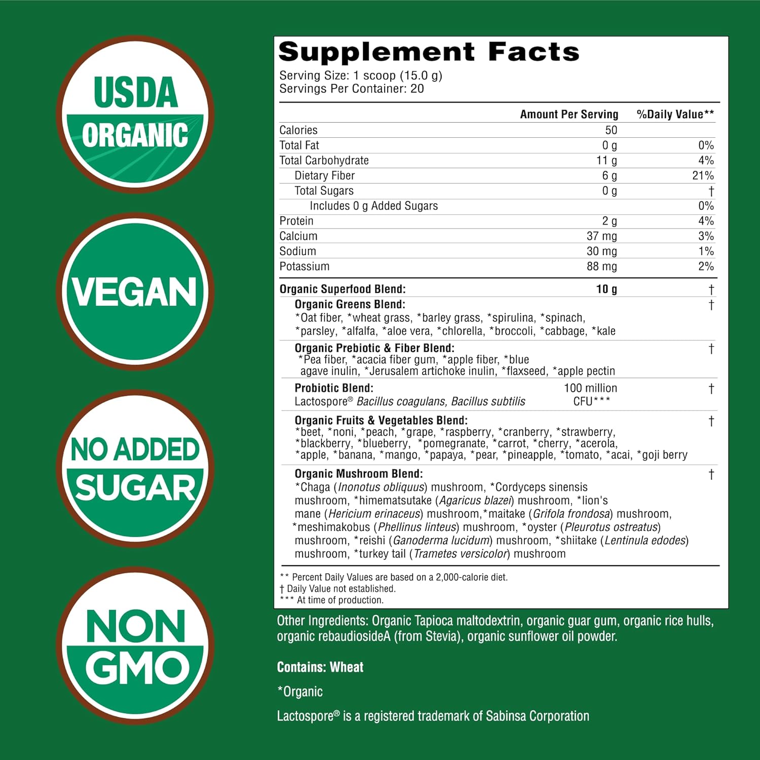 Country Farms Super Greens Natural Flavor, 50 Organic Super Foods, USDA Organic Drink Mix, Fruits, Vegetables, Super Greens, Mushrooms & Probiotics, Supports Energy, 40 Servings, 10.6 Oz, 2 Pack