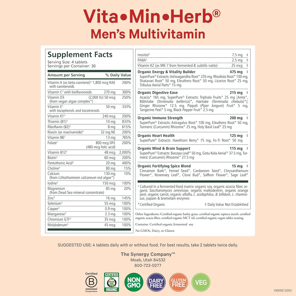 PURE SYNERGY Vita·Min·Herb for Men | Men’s Comprehensive Multivitamin Supplement | Made with Organic Whole Food Non-GMO Ingredients | Daily Energy & Immune Support (120 Tablets)