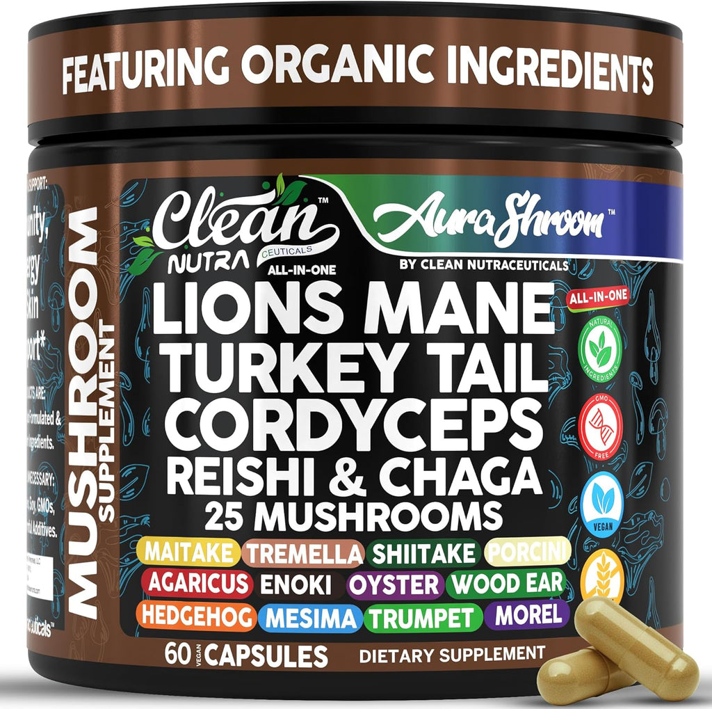 AuraShroom Mushroom Supplement Lions Mane Turkey Tail Cordyceps Reishi Shiitake Chaga Oyster Stress Relief Immune Support Nootropic Energy Portobello Mushrooms 60 Capsules by Clean Nutra