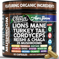AuraShroom Mushroom Supplement Lions Mane Turkey Tail Cordyceps Reishi Shiitake Chaga Oyster Stress Relief Immune Support Nootropic Energy Portobello Mushrooms 60 Capsules by Clean Nutra