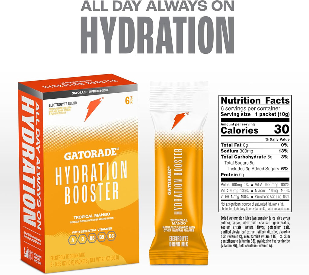 Gatorade Hydration Booster Electrolyte Drink Mix Powder Packets, Tropical Mango, Advanced Electrolyte Blend, No Added Colors, No Artificial Sweeteners, Essential Vitamins A, C, B3, B5, B6, Makes 20 Fl Oz, (6 Pack)