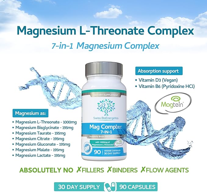 Magnesium L-Threonate Complex 7-in-1 with 1000mg of Magtein Plus Magnesium as Bisglycinate, Taurate, Citrate, Gluconate, Malate & Lactate - Supports Sleep - Vegan, US Made and No Artificial Nasties