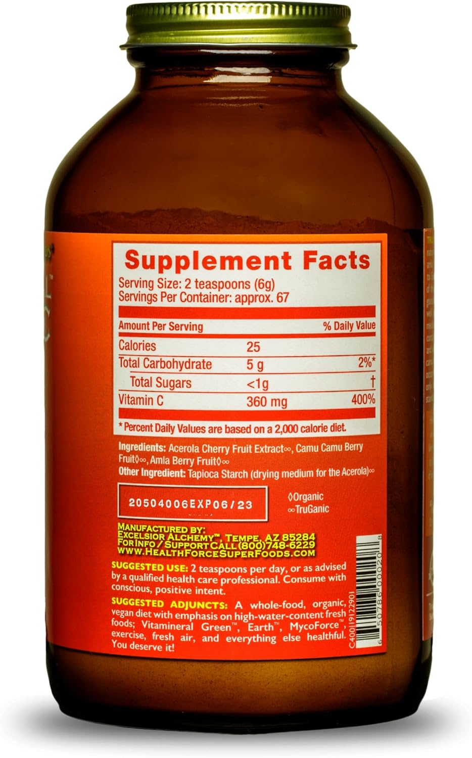 HEALTHFORCE SUPERFOODS Truly Natural Vitamin C - Immune Support Supplement with Camu Camu Berry - Vitamin C Supplement for Immune Health - Vegan, Non-GMO - 400 Grams, 67 Servings (Pack of 3)