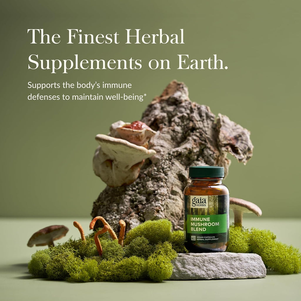 Gaia Herbs Immune Mushroom Blend - Immune Support Mushroom Supplement for Year-Round Health* - with Reishi, Cordyceps, Turkey Tail, Shiitake, and Chaga Mushrooms - 40 Vegan Capsules (40-Day Supply)