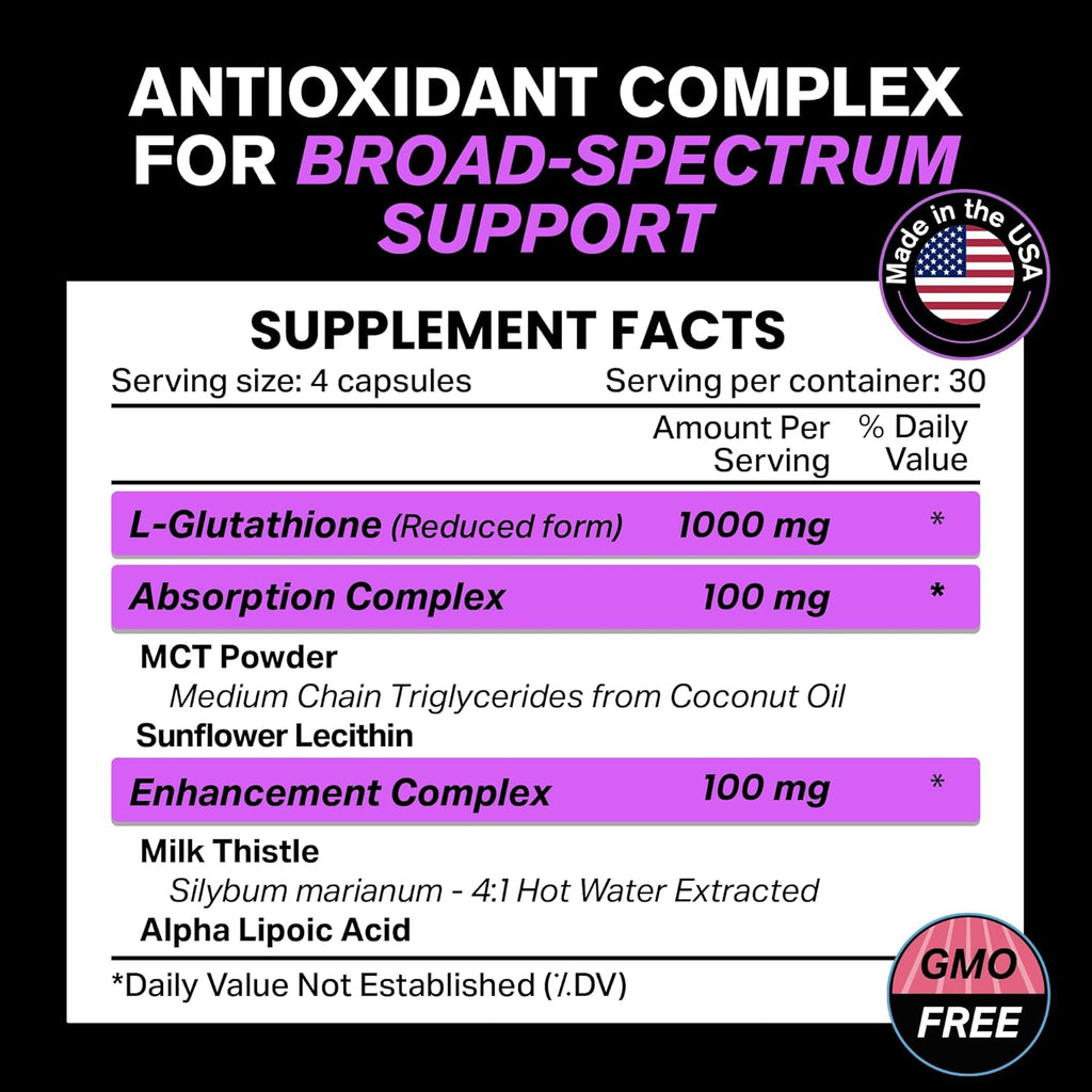 1000mg Glutathione for Immune Support - 100mg Absorption Complex - Reduced Liposomal Glutathione Supplement with Alpha Lipoic Acid - Brain Booster, Glowing Skin, Liver Support