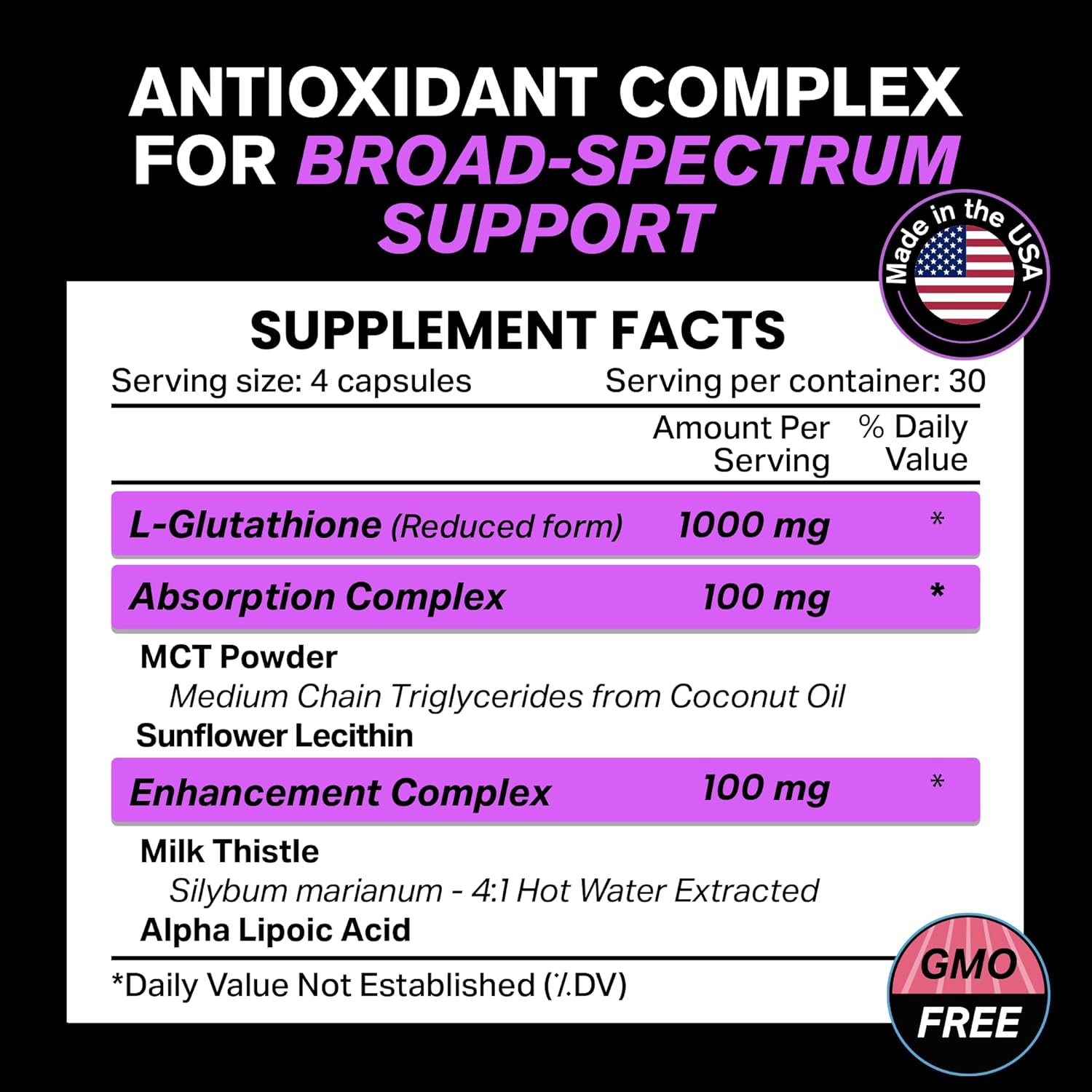 1000mg Glutathione for Immune Support - 100mg Absorption Complex - Reduced Liposomal Glutathione Supplement with Alpha Lipoic Acid - Brain Booster, Glowing Skin, Liver Support