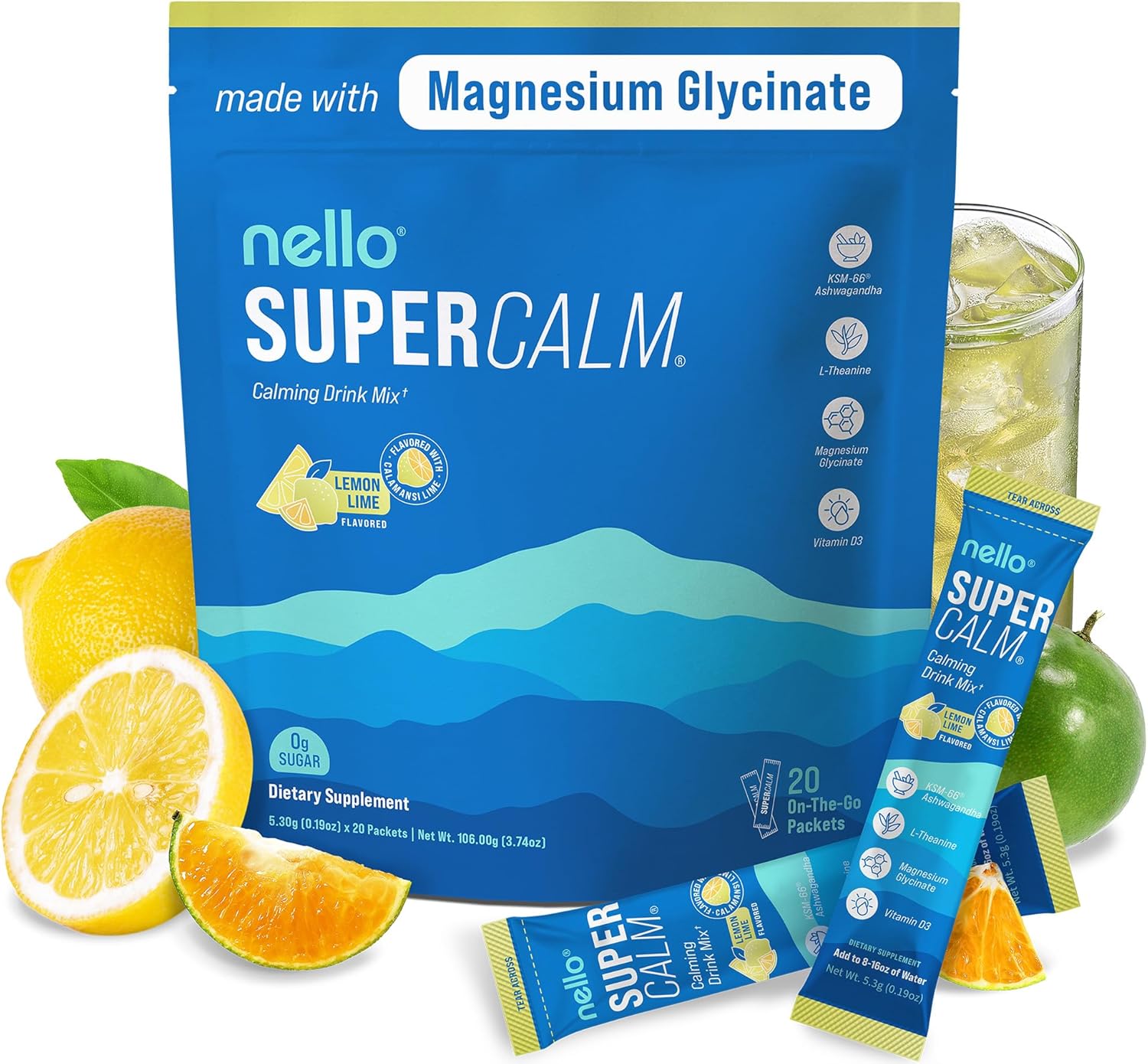 Supercalm Drink Mix - Ashwagandha KSM 66, Magnesium Glycinate & L-Theanine Supplement, Vitamin D3 - Ashwagandha Root Extract - Focus and Relaxation Support (20 Travel Packets) - Lemon Lime