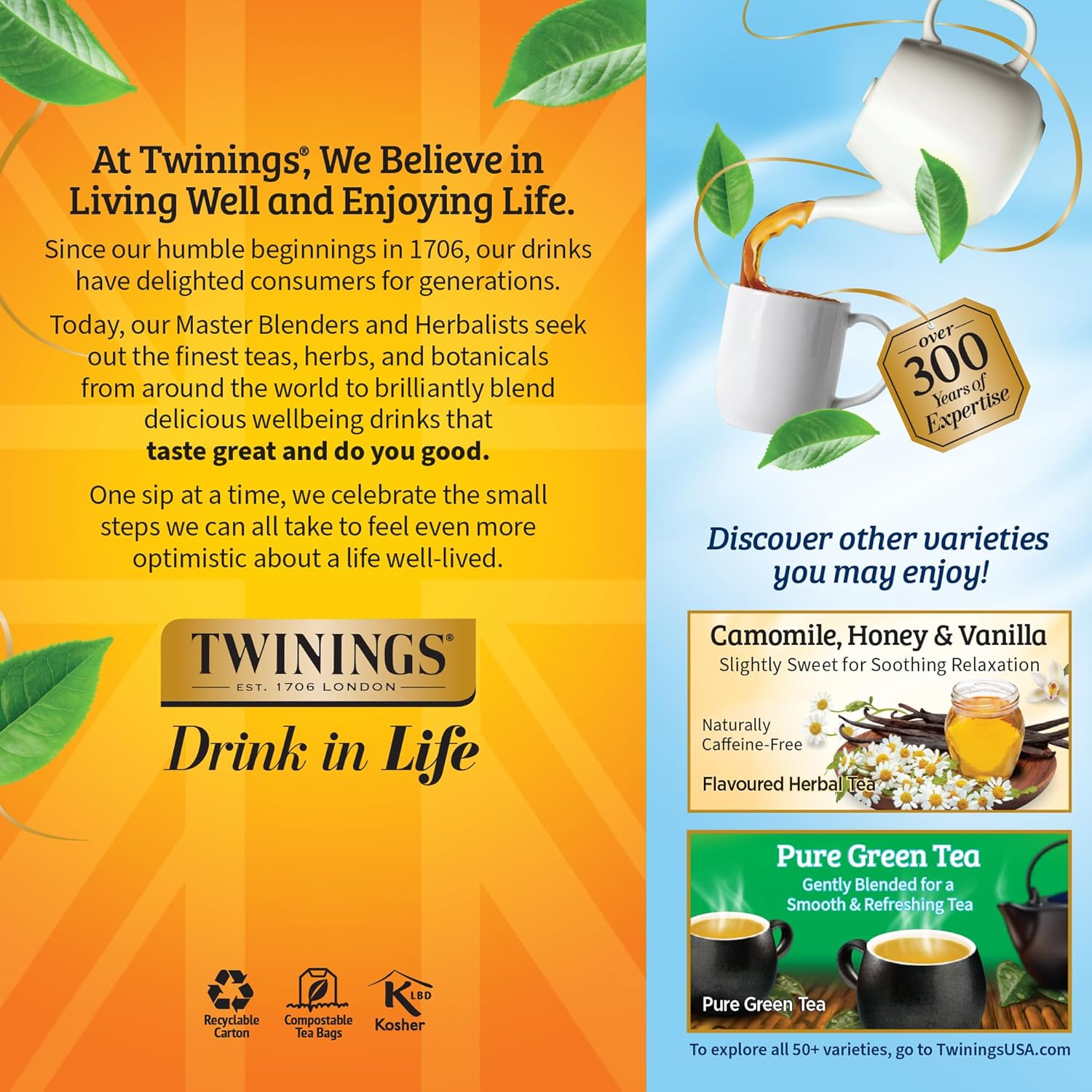 Twinings Pure Camomile Herbal Tea Individually Wrapped Bags, 25 Count (Pack of 6), Calming & Delicate, Naturally Caffeine-Free, Enjoy Hot or Iced, 150 Teabags