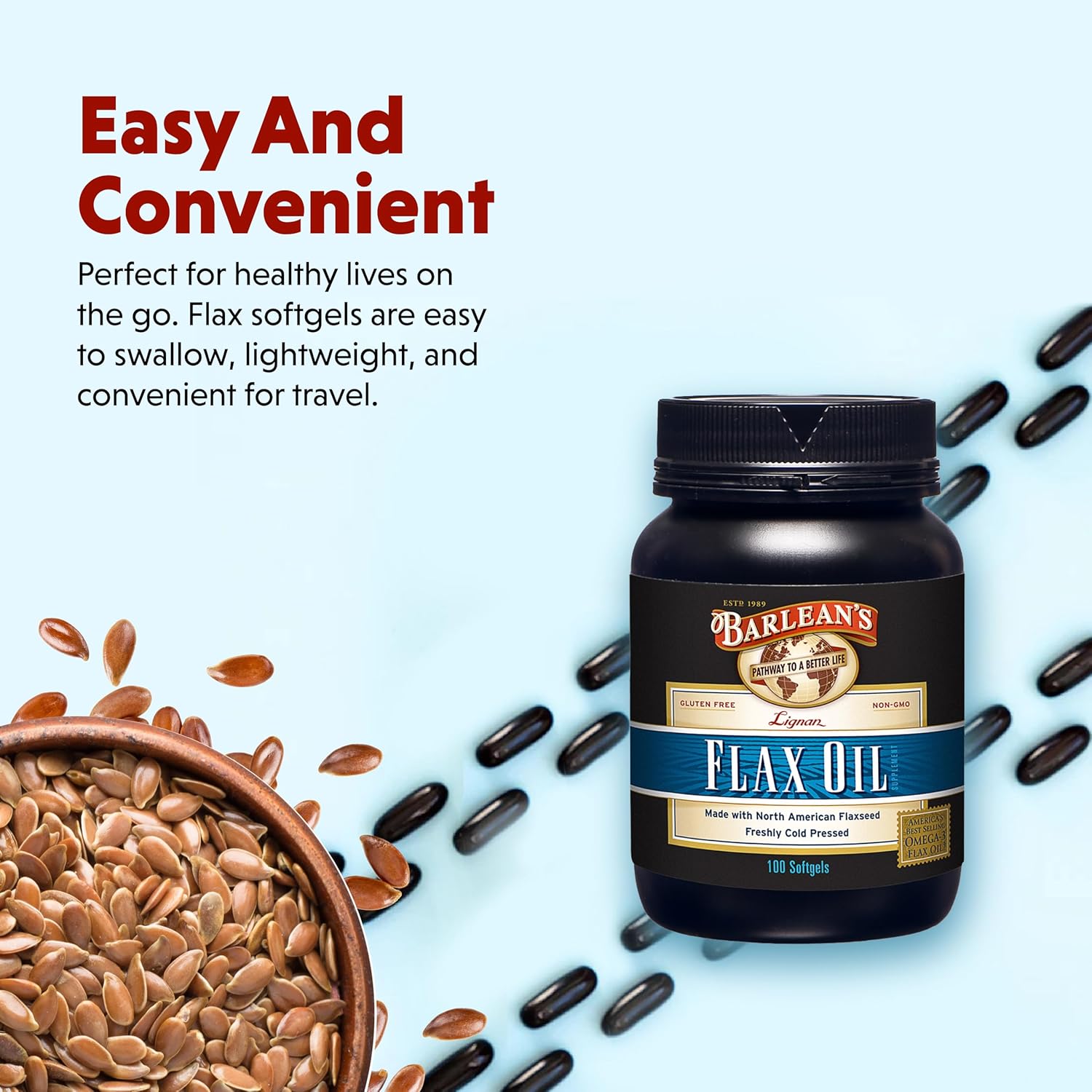 Barlean's Lignan Flaxseed Oil Softgels, Cold-Pressed Flax Seed Supplement with 1,550 mg ALA Omega-3 Fatty Acids for Joint & Heart Health, 1000mg, 250 ct