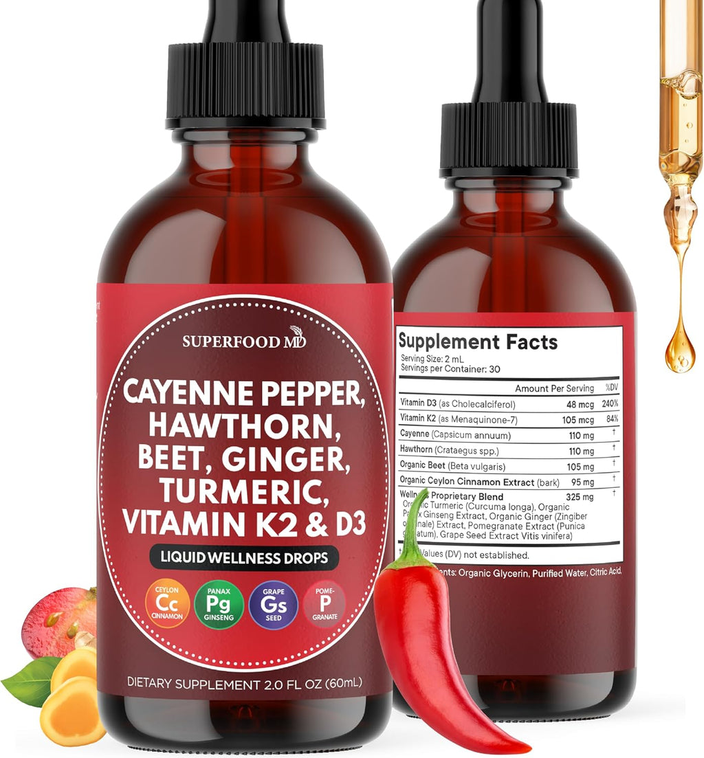 Cayenne Pepper Supplement Liquid Drops + Hawthorn Berry, Vitamin D3 K2 Beet Root Powder, Ceylon Cinnamon, Turmeric Curcumin, Organic Panax Ginseng - 2 OZ