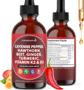 Cayenne Pepper Supplement Liquid Drops + Hawthorn Berry, Vitamin D3 K2 Beet Root Powder, Ceylon Cinnamon, Turmeric Curcumin, Organic Panax Ginseng - 2 OZ