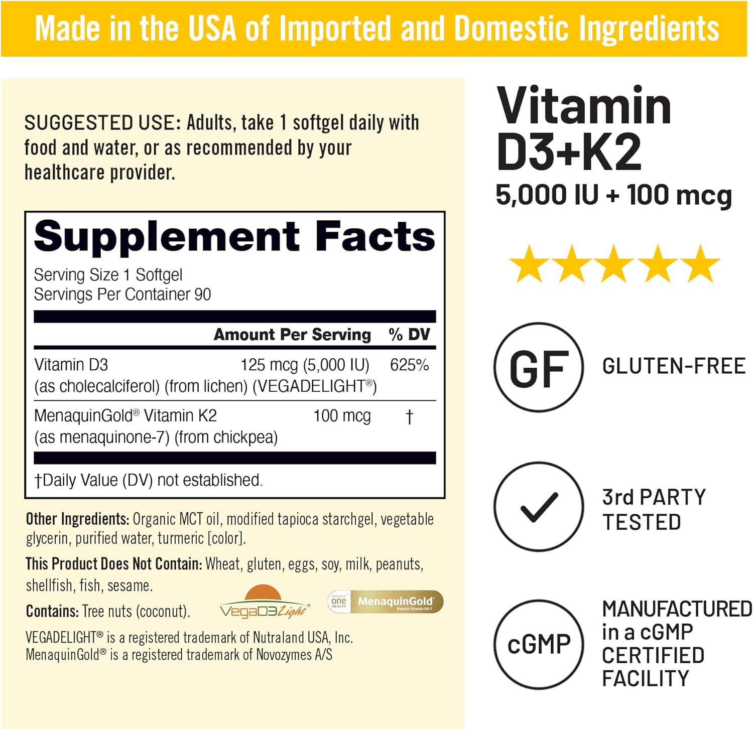 NatureWise Vegan Vitamin D3 + K2 with Organic Coconut MCT Oil - Organic D3 5000IU + Natural K2 100mcg - High Absorption Bone Support - Soy & Gluten Free - USA Manufactured - 90 Softgels[90-Day Supply]
