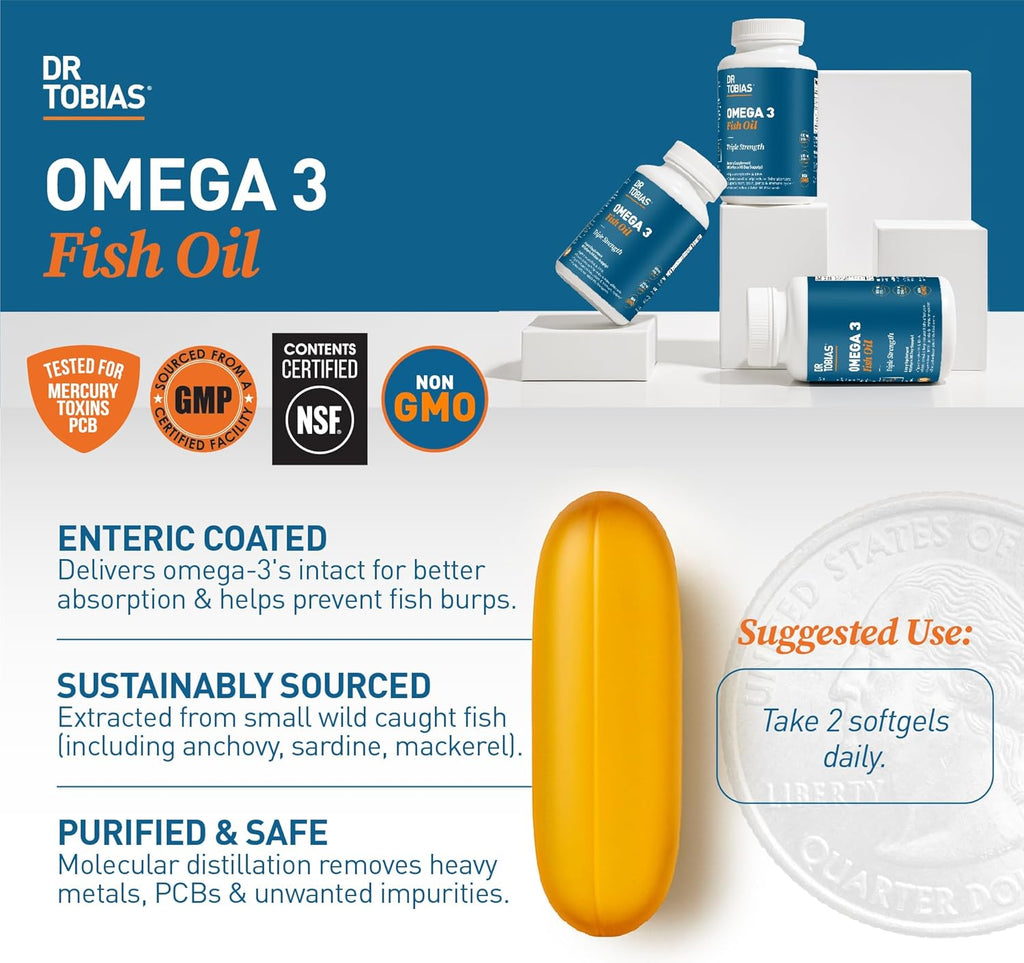 Dr. Tobias Omega 3 Fish Oil, 2000mg Triple Strength with 800mg EPA 600mg DHA Per Serving, Fish Oil Omega 3 Supplements for Heart, Brain & Immune Support, 180 Softgels, 90 Servings