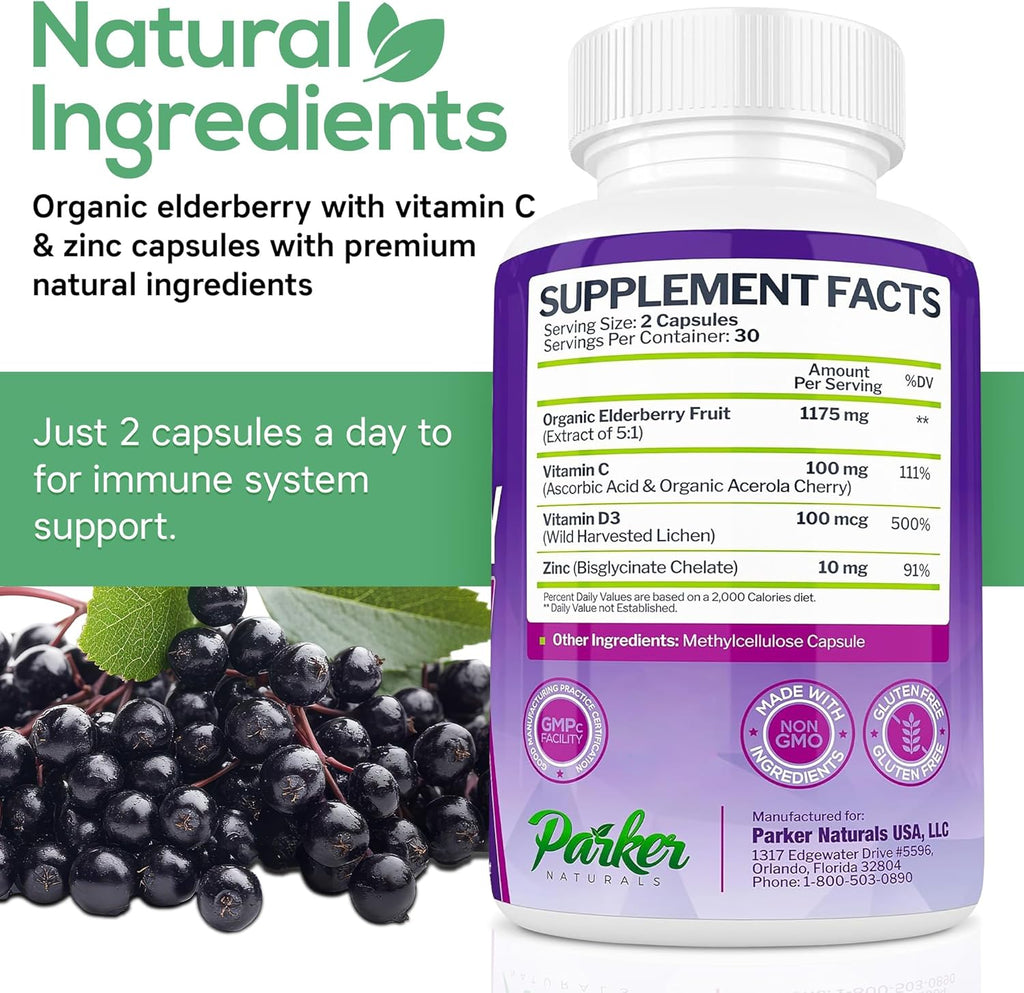 Organic Elderberry Capsules, 4-Way Immune Boost Elderberries, Vitamins C, D & Zinc Support, 1260.1 mg Elderberry Supplements for Adults, 60 Capsules
