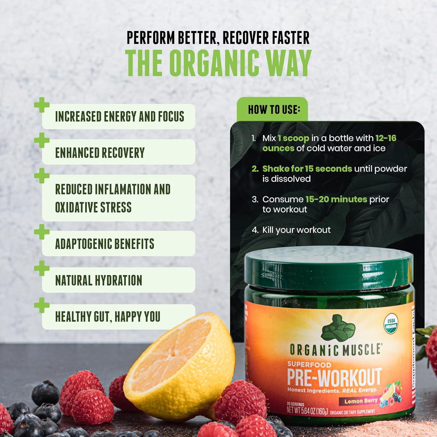 USDA Organic Pre-Workout Powder, Passionfruit Guava | Clean Energy Without Jitters | Natural Performance Boost | No Artificial Sweeteners | 20 Superfoods | Low Caffeine, 20 Servings