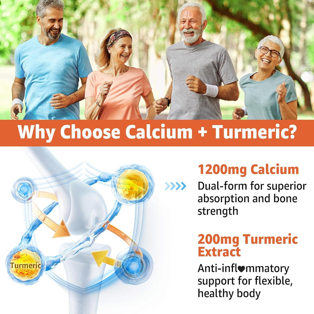 Calcium 1200 mg with Vitamin D3 Gummies - Calcium + Turmeric Supplement for Women and Men with Vitamin K2 B12 - Support Bone & Muscle - Sugar Free - Vegan (120 Count)