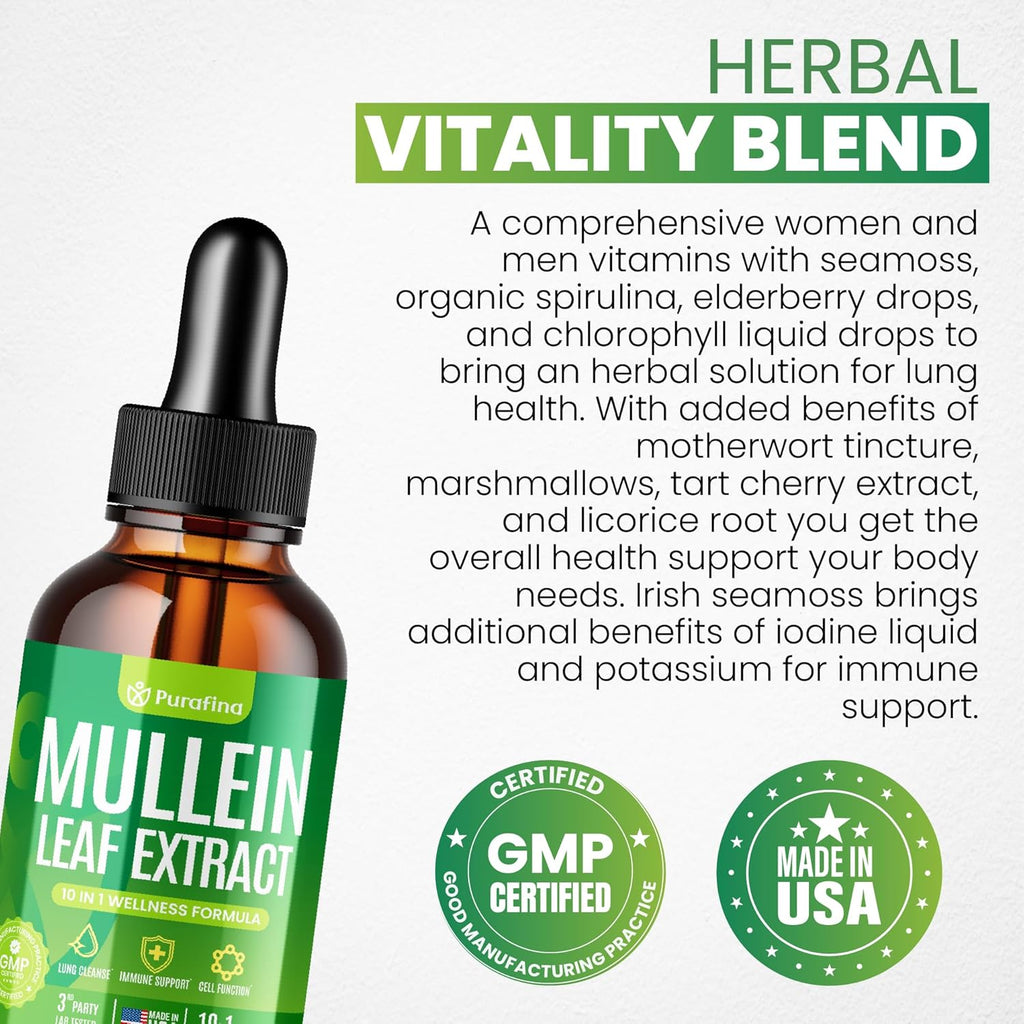 Mullein Drops For Lungs, 10-in-1 Mullein Leaf Extract for Lung Cleanse with Chrolophyll, Sea Moss, Spirulina, Elderberry Organic Respiratory Health Lung Detox - USA Made Mullin Supplement (1 Bottle)
