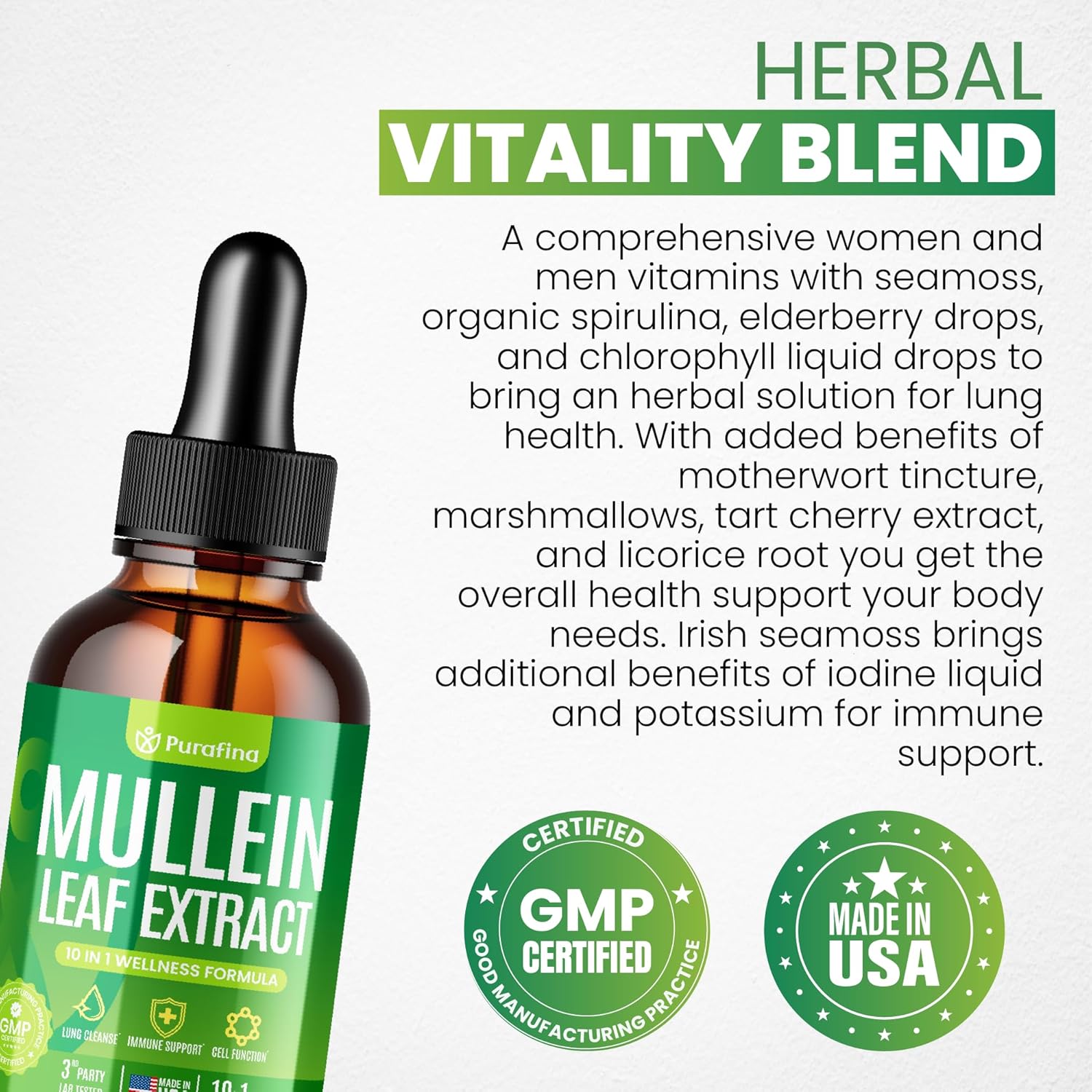 Mullein Drops For Lungs, 10-in-1 Mullein Leaf Extract for Lung Cleanse with Chrolophyll, Sea Moss, Spirulina, Elderberry Organic Respiratory Health Lung Detox - USA Made Mullin Supplement (1 Bottle)