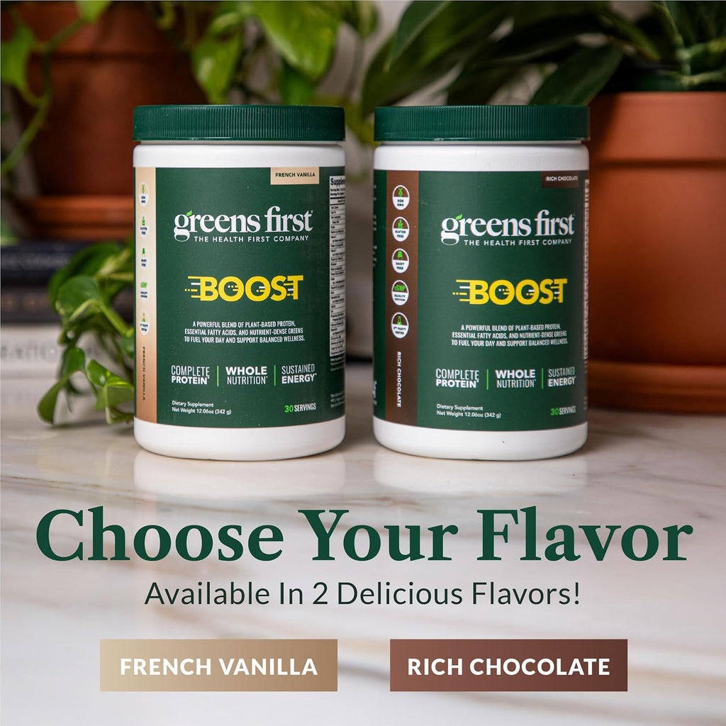 Greens First Boost - Plant-Based Protein & Balanced Nutrition - Superfood Shake Mix - No Wheat or Soy - Dairy-Free - Vegan - French Vanilla, 12.06 oz.