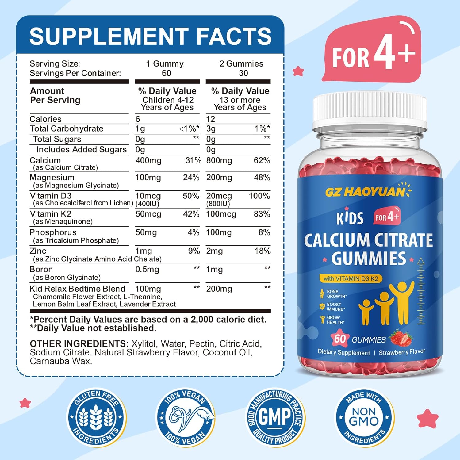 Calcium Citrate Gummies for Kids & Adults- Calcium Supplements with Vitamin D3, K2, Magnesium, Zinc for Bone, Muscle & Immune Support, Sugar Free Calcium Gummies Strawberry Flavor 60 Count