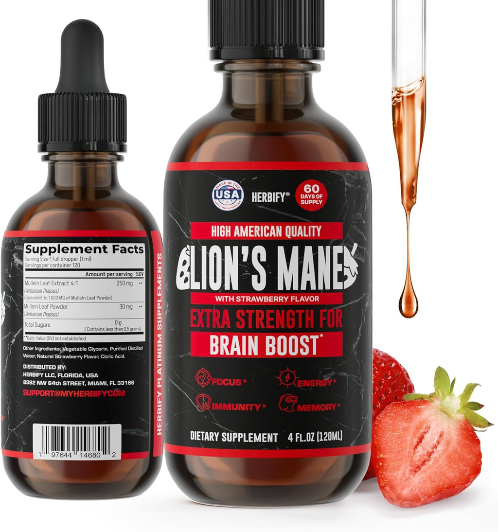 HERBIFY Lions Mane Supplement - Daily Mushroom Supplement for Memory, Focus & Clarity - Brain Booster - Lions Mane Tincture for Immune Support - 4 Fl oz Strawberry Flavor