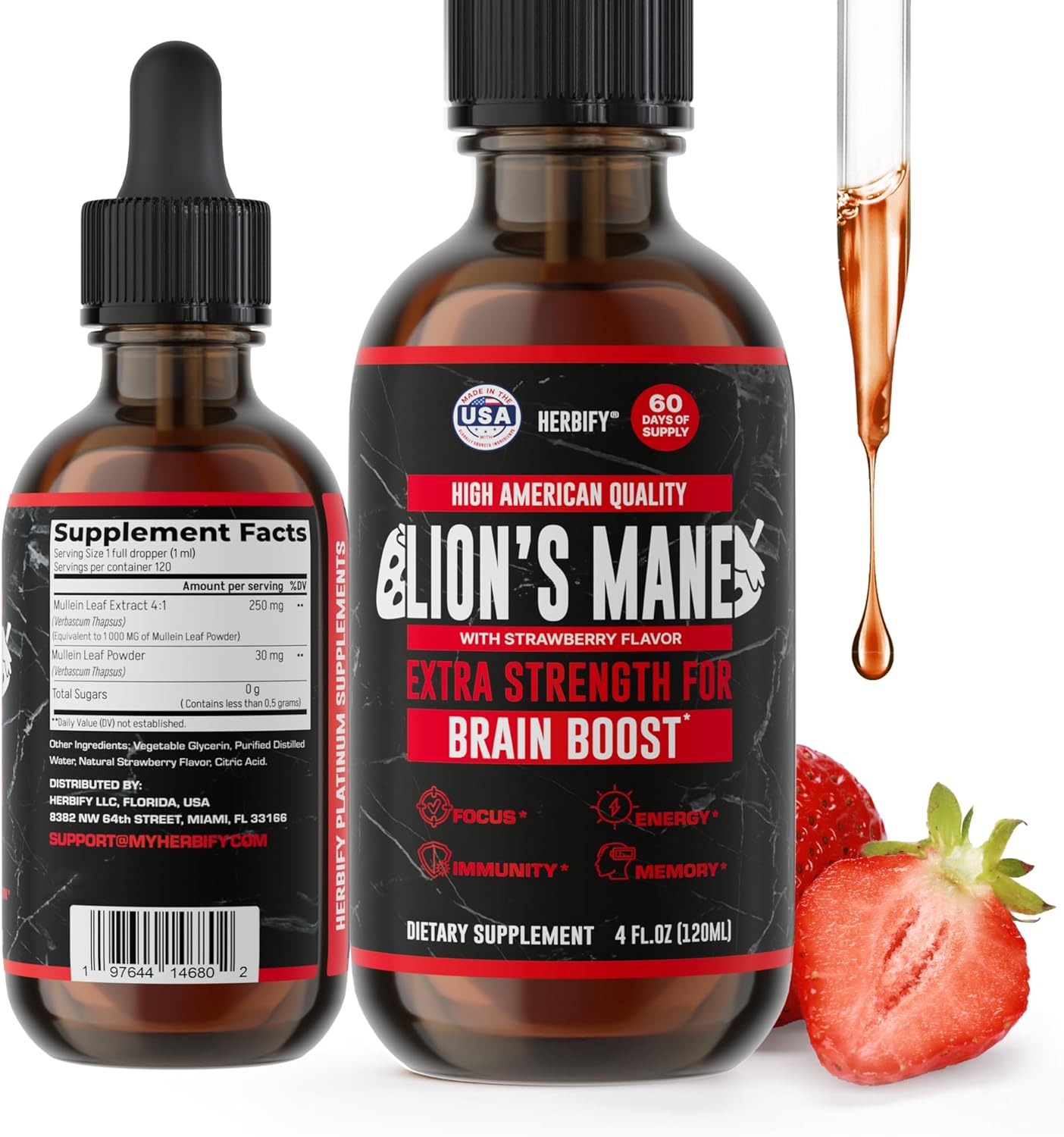 HERBIFY Lions Mane Supplement - Daily Mushroom Supplement for Memory, Focus & Clarity - Brain Booster - Lions Mane Tincture for Immune Support - 4 Fl oz Strawberry Flavor