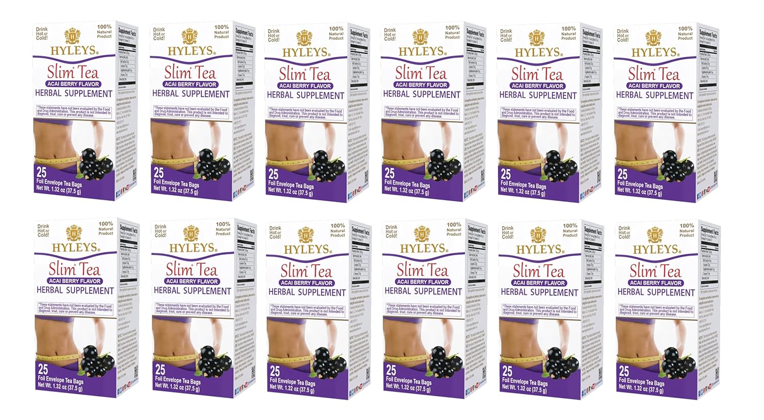 Hyleys Slim Tea Acai Berry Flavor - Weight Loss Herbal Supplement Cleanse and Detox - 25 Tea Bags (12 Pack)