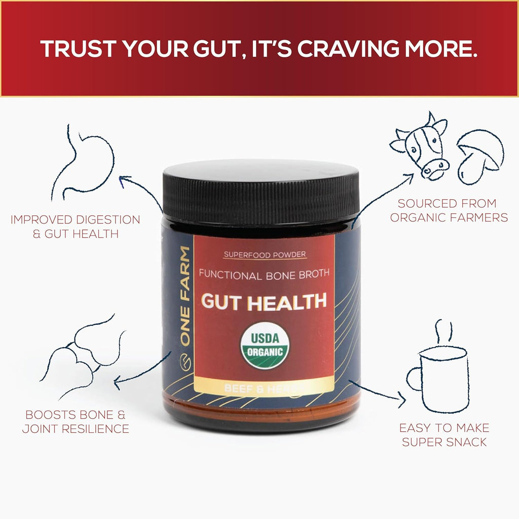 One Farm Superfood Powder Gut Health, Organic Gut Soothing Blend and Prebiotic Blend, Non-GMO, Prebiotics with Bone Broth, Turkey Tail Mushroom, Slippery Elm, and Marshmallow Root for GI Health