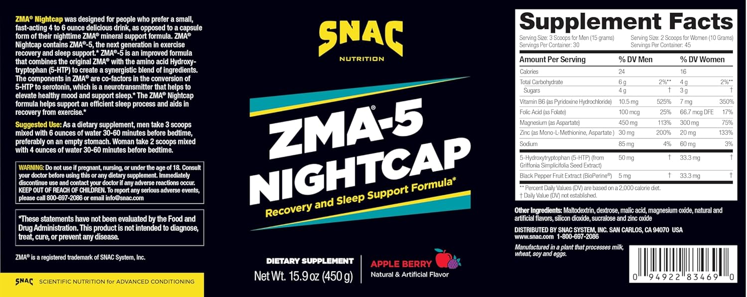 ZMA®-5 Nightcap Rapid Recovery Sleep Supplement Drink Mix with 5-HTP - Zinc & Magnesium Support a Healthy Immune System, 450 Grams