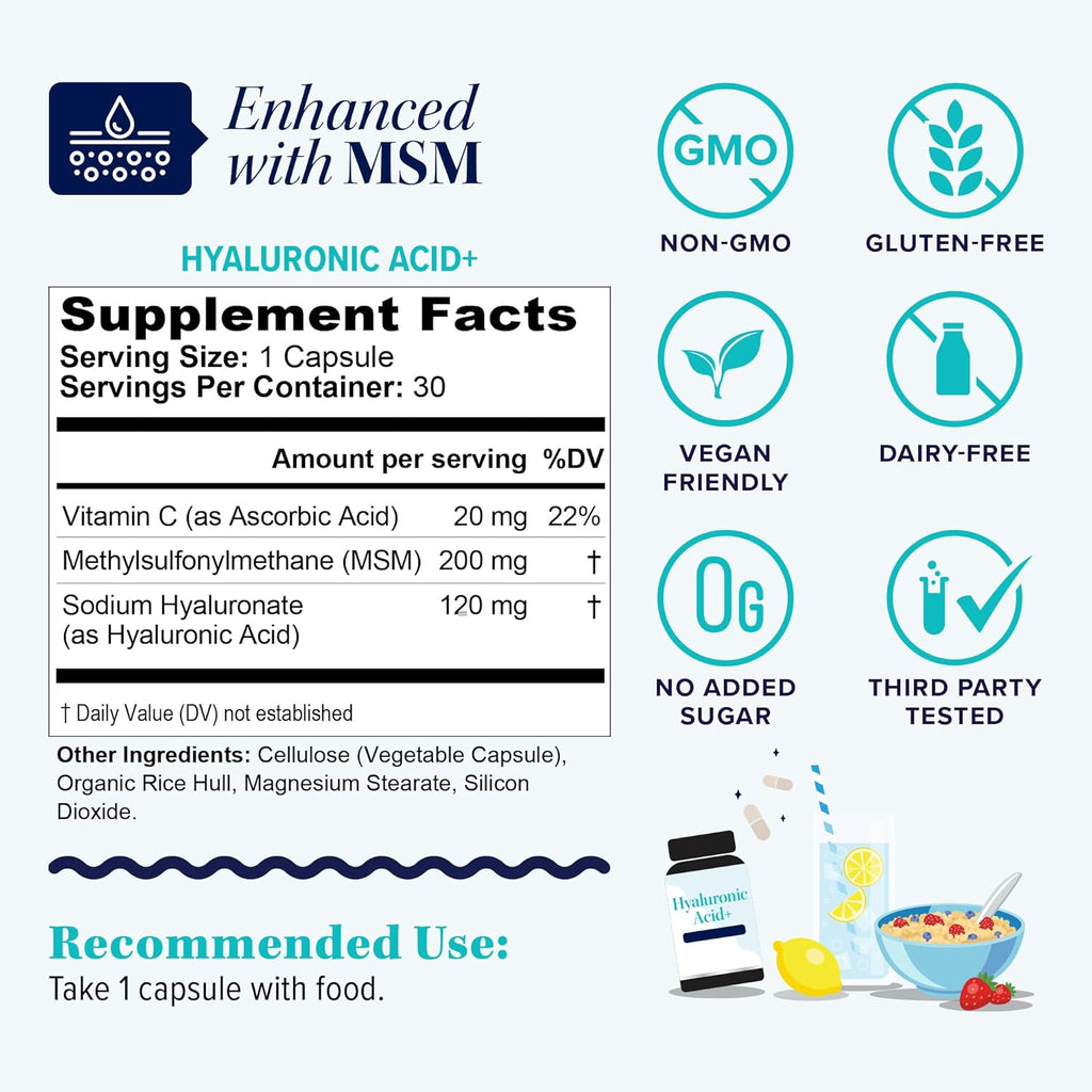 Hyaluronic Acid Capsules with MSM & Vitamin C | 120mg Sodium Hyaluronate | Skin Hydration, Elasticity & Collagen Support | Vegan, Non-GMO, Antioxidant Beauty Supplement 30 Servings
