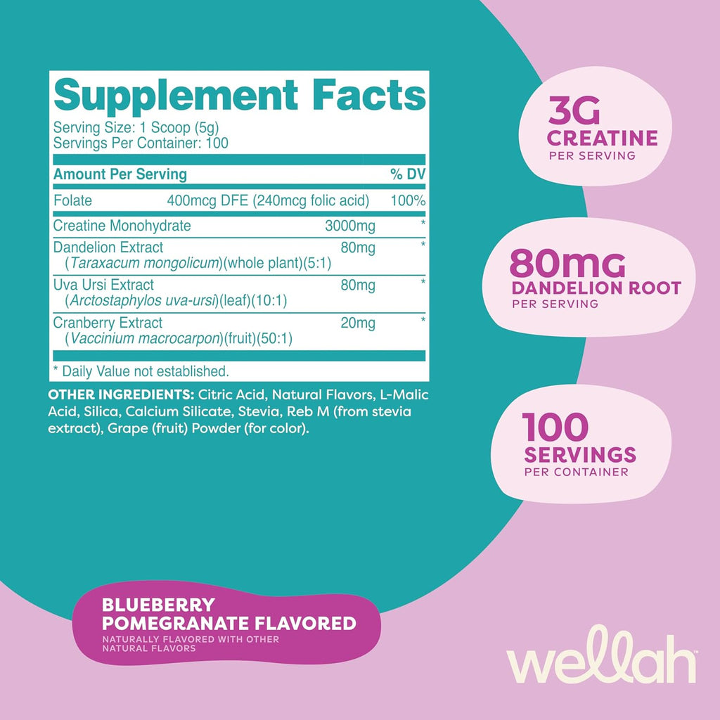 Wellah Creatine for Women - Creatine Monohydrate with Dandelion & Cranberry Extract (100 Servings, Blueberry Pomegranate)