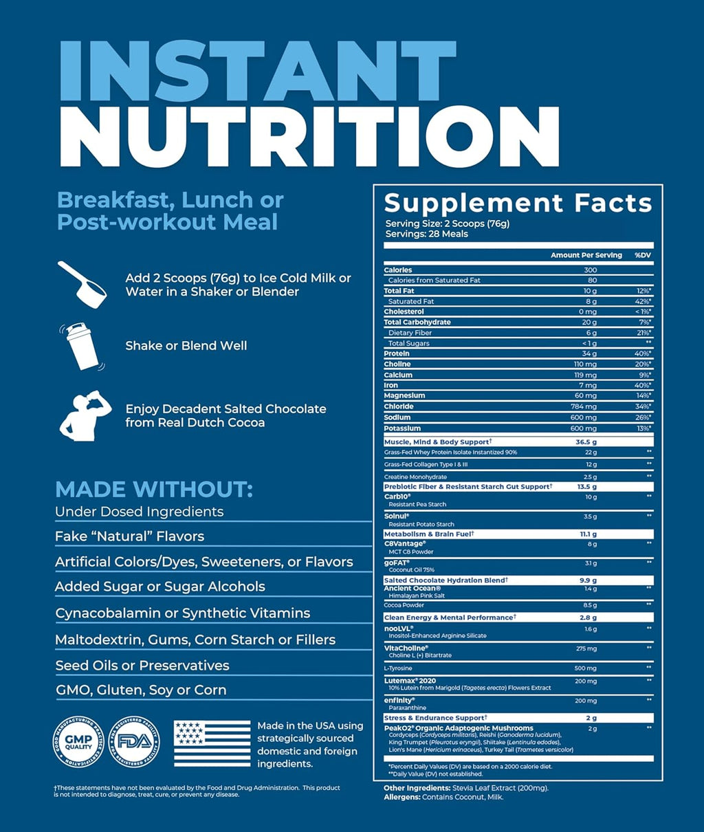 Meal Replacement Shake, Grass Fed Whey Protein Isolate & Collagen Peptides, Creatine Monohydrate, Electrolytes Powder, Prebiotics, Organic Mushrooms, Nootropic Energy Drink (28 Meals Salted Chocolate)