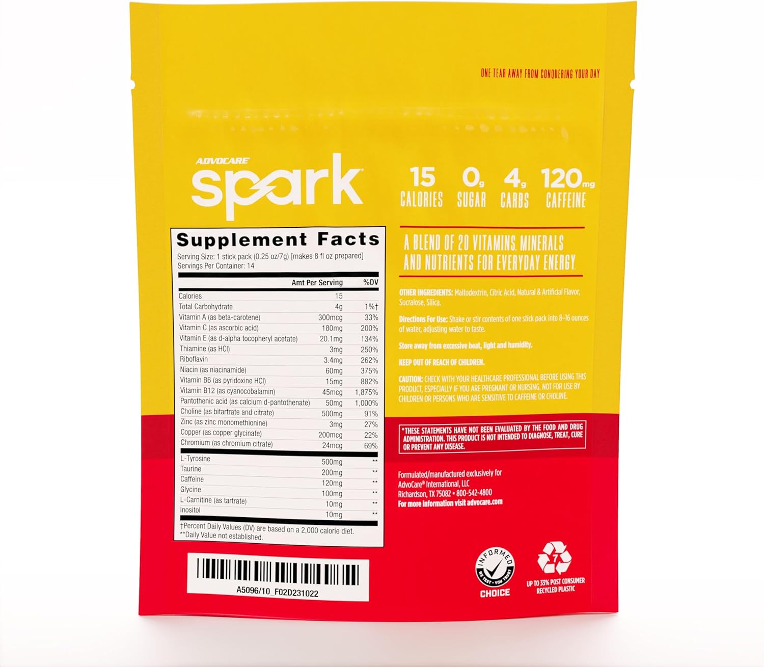 AdvoCare Spark Vitamin & Amino Acid Supplement - Focus & Energy Drink Powder Mix with Vitamin A, B-6, C & E - Also Includes L-Carnitine & L-Tyrosine - Mango Strawberry, 14 Stick Packs