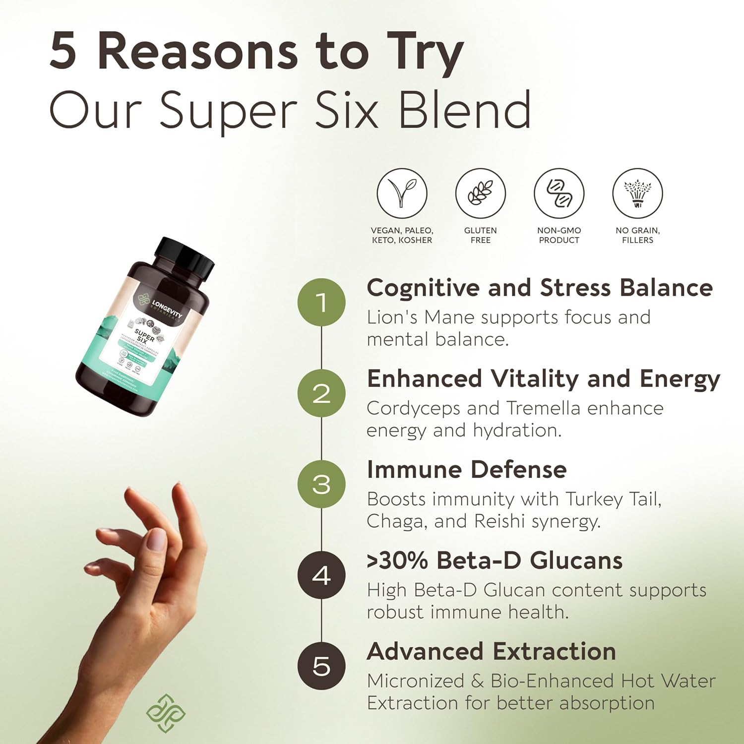 Organic Super Six Mushroom Blend Capsules Supplement (90) | Fruiting Body Extract Complex | Lions Mane, Turkey Tail, Cordyceps, Reishi, Chaga & Tremella | 35% Beta-D Glucans | Overall Wellness Support