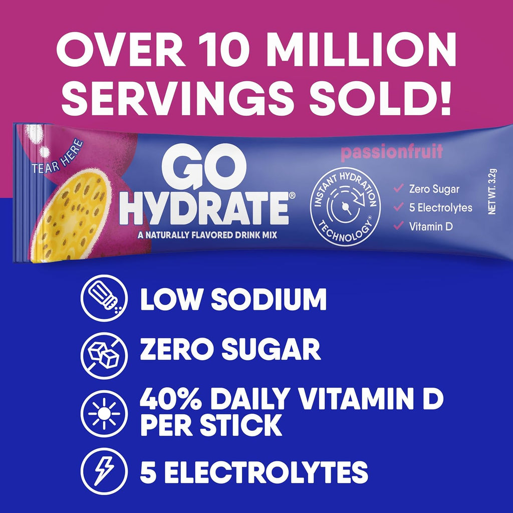 GoHydrate Low Sodium Electrolytes Powder Packets Sugar Free - Instant Hydration Daily Drink Mix - Zero Sugar Water Flavor Packet Singles with Vitamin D - (Passion Fruit, 30 Packs)