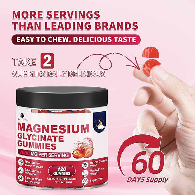 120 CT Magnesium Glycinate Gummies 1000 mg for Women and Men, Magnesium Malate & Taurate Supplements for Sleep, Body Support and Relaxation, Sugar Free, Vegan, Strawberry Flavor
