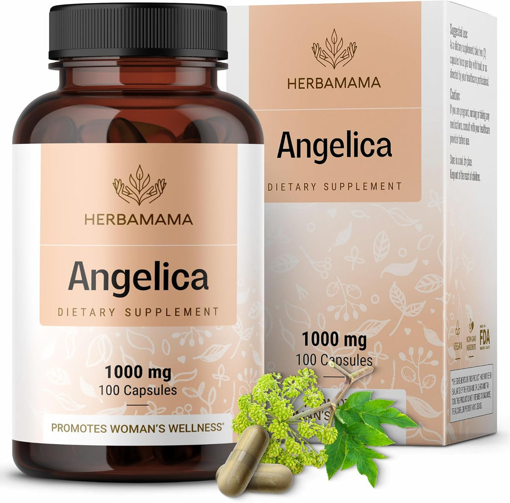 HERBAMAMA Dong Quai Supplement - 1000mg Angelica Root for Women's Support - Dong Quai Powder Capsules - Vegan, Non-GMO Angelica Herb Antioxidant Supplement for Women, 100 Caps