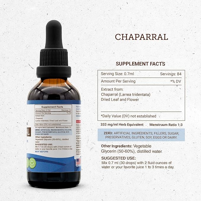 Secrets of the Tribe Chaparral Alcohol-Free Liquid Extract, Chaparral (Larrea tridentata) Dried Leaf and Flower Tincture Supplement (2 FL OZ)
