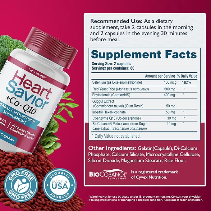 Natural Supplement with CoQ10, Red Yeast Rice, Niacin, Policosanol and Guggul. The Natural Way. by New Health Plus 60 MG Co-Q10 (120 caps)