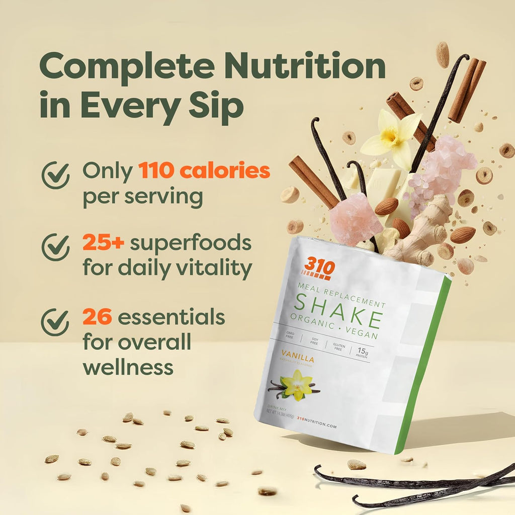 310 Nutrition Organic All-In-One Meal Replacement Shake Powder - Plant-Based Protein Smoothie Blend w/Fiber, Probiotics & Adaptogens - Low Carb, Vegan, Keto & Paleo - Vanilla - 14 Servings