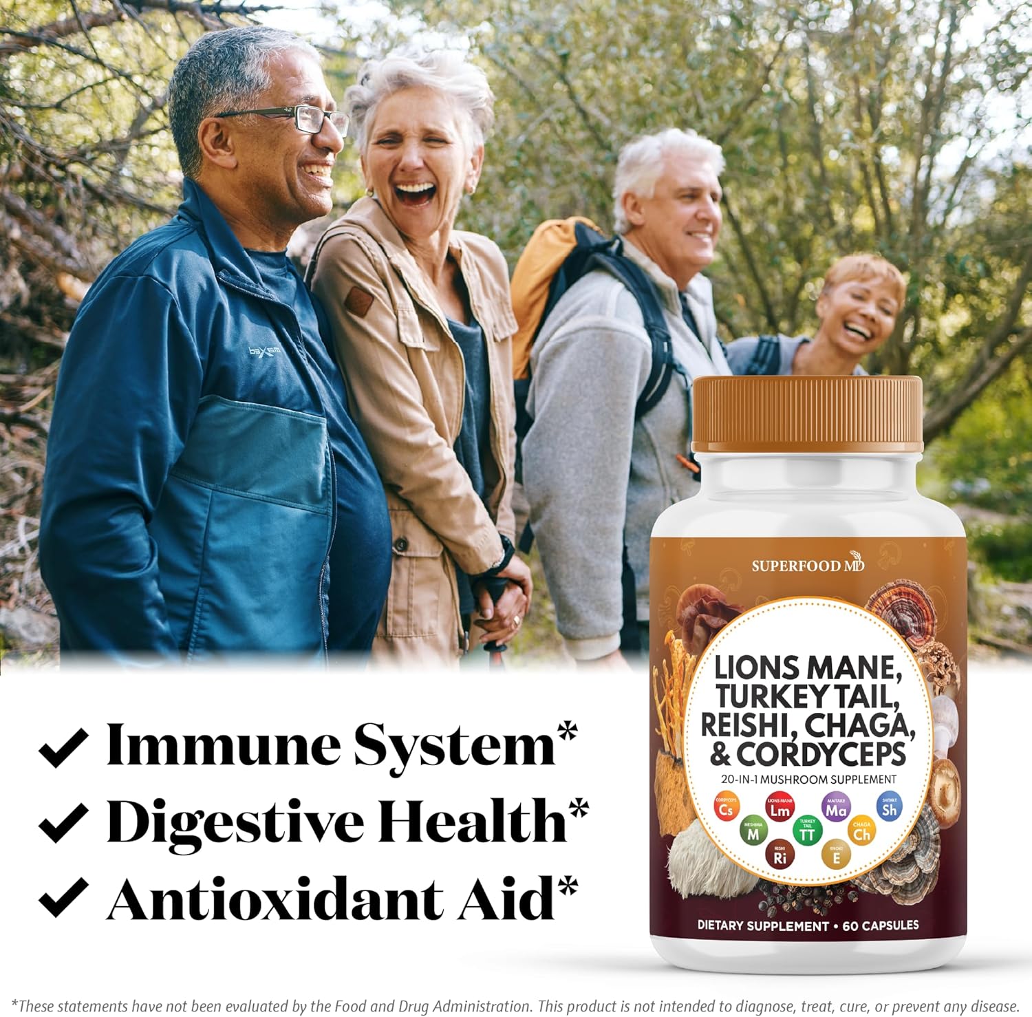 Lions Mane Mushroom Supplement with Turkey Tail Reishi Cordyceps Chaga with Marshmallow Root - 60 Count