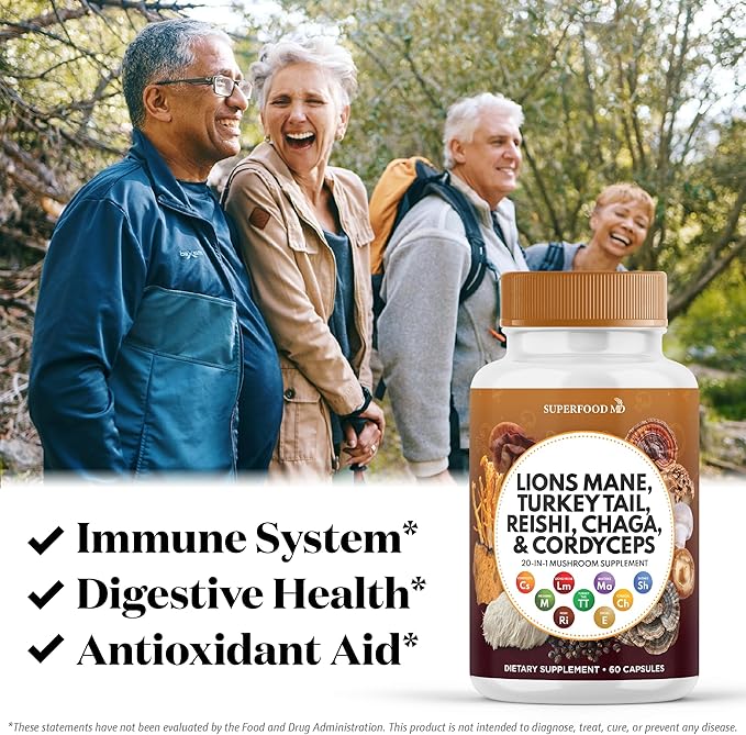 Superfood MD Lions Mane Mushroom Supplement with Turkey Tail Reishi Cordyceps Chaga with Marshmallow Root - 120 Count