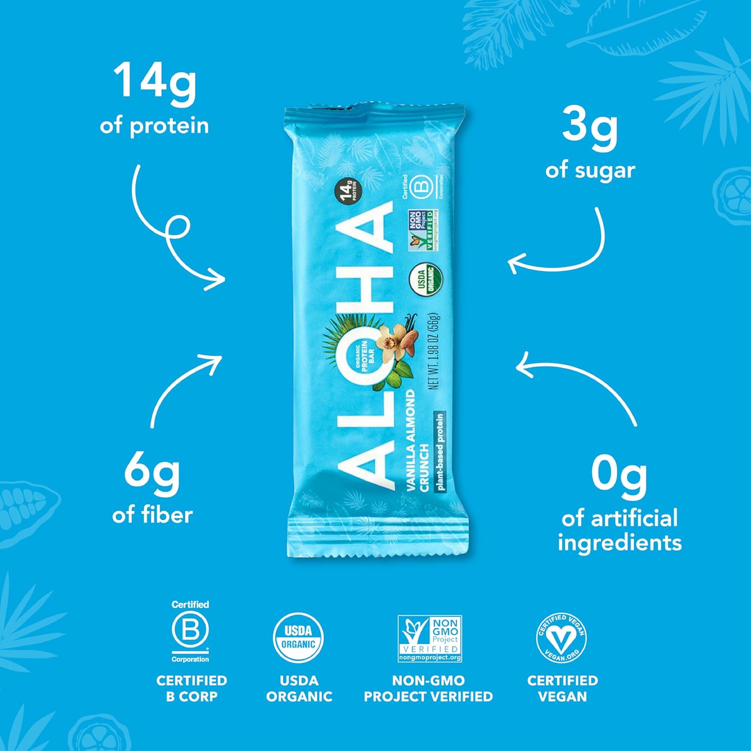 ALOHA Organic Plant Based Protein Bars, Vanilla Almond Crunch, 1.98-Ounce Bars, (Pack of 12)
