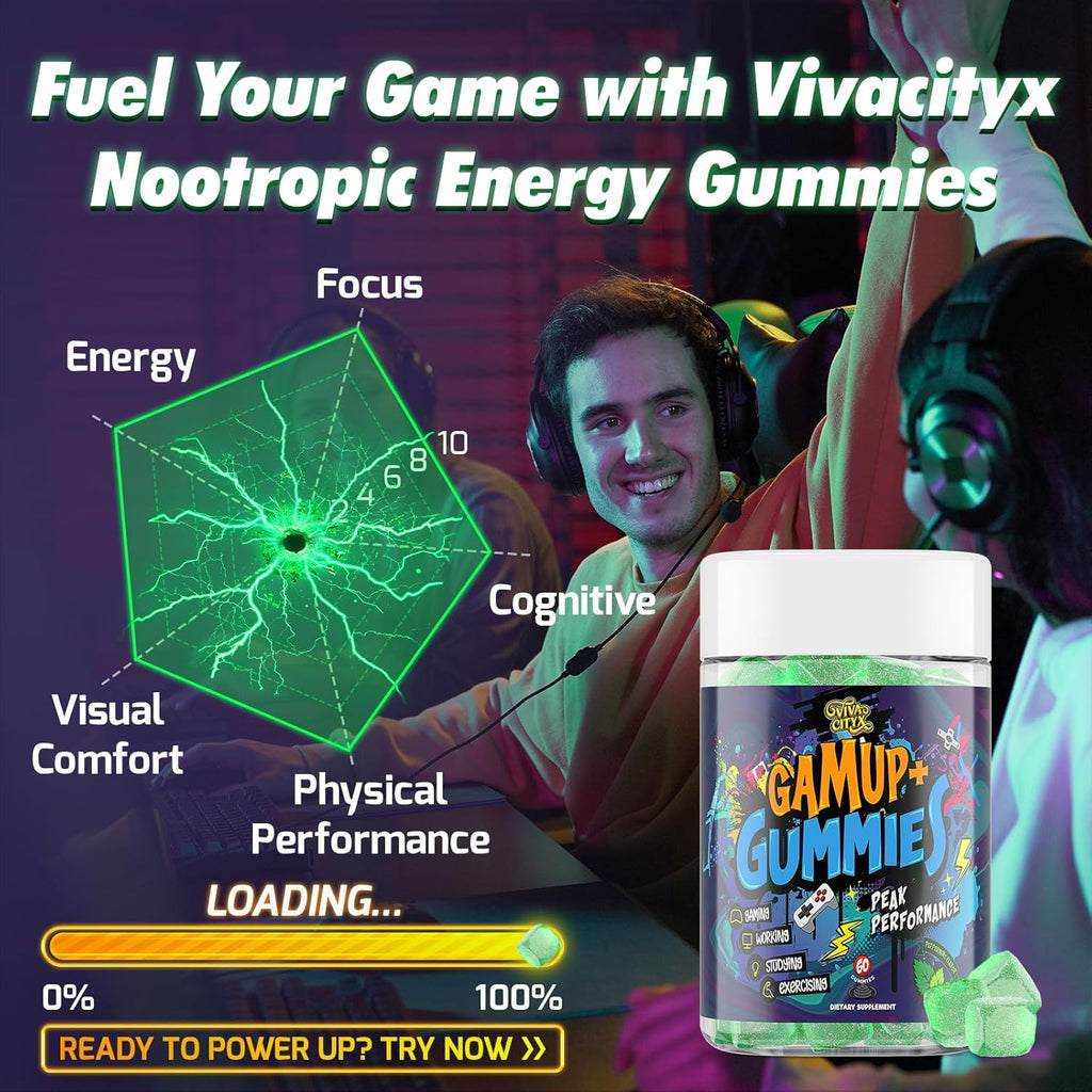 Energy and Focus Gummies - Natural Caffeine Nootropics Supplement - Brain, Eye, and Bone Complex - Sugar-Free Peppermint - for Gamers, Workers, and Active Lifestyles - 120 Gummies