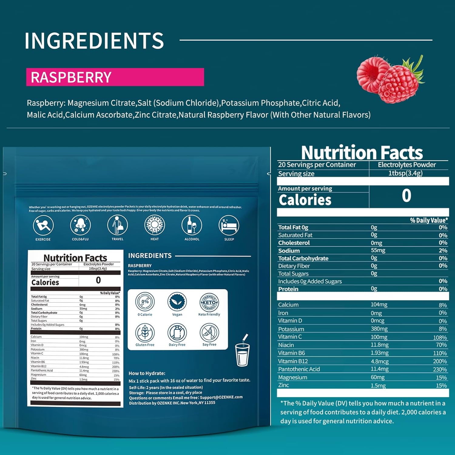 Electrolytes Powder Packets, Hydration Packets, Electrolytes Sugar Free, Portable Electrolyte Drink Mix for Rapid Hydration, No Sugar & Low Sodium | 0 Calorie | Raspberry Flavor | 20 Sticks