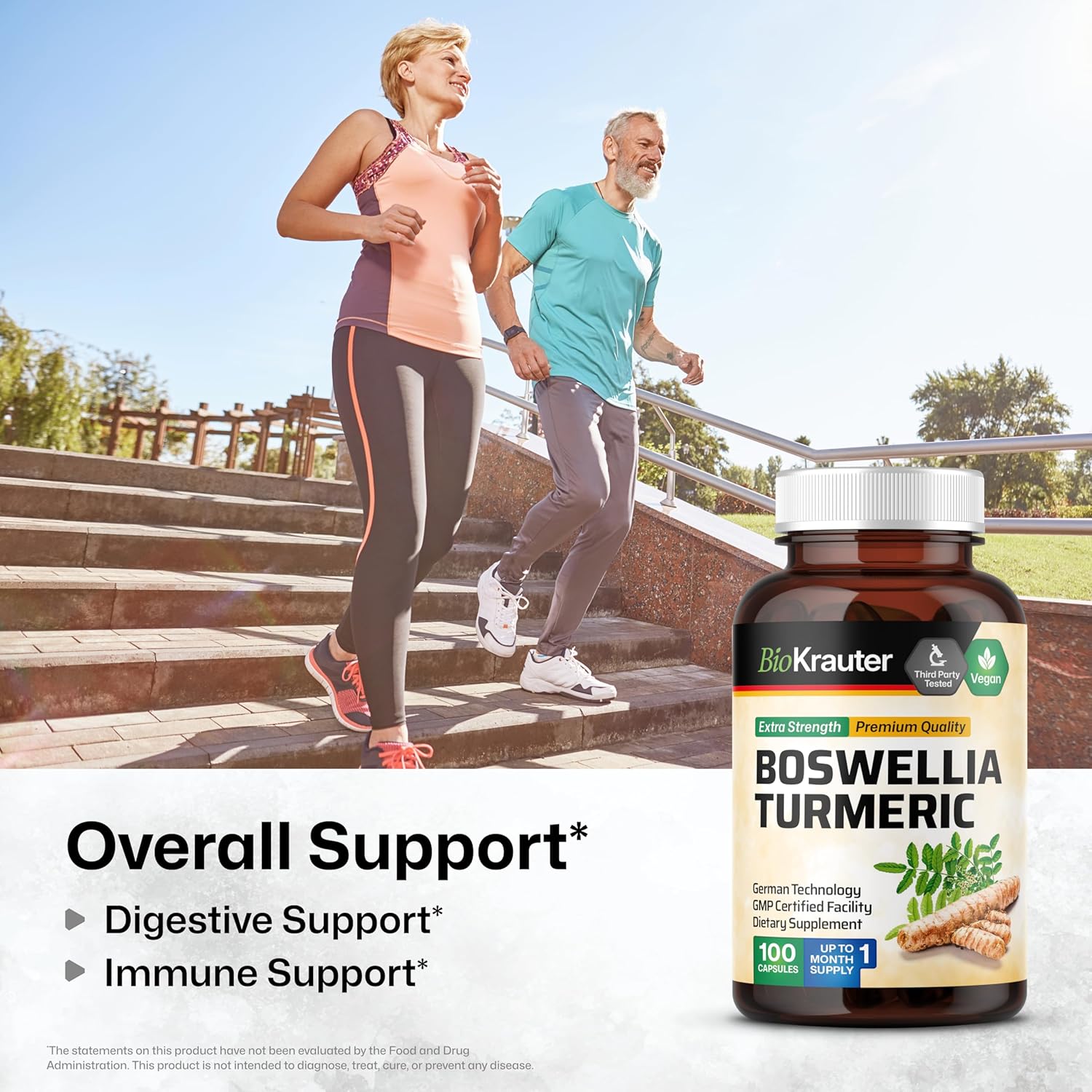 BIO KRAUTER Turmeric Supplement with Boswellia Extract Capsules - 2000 mg Blend - 100 Count - Vegan Boswellia Turmeric (Curcumin) - Formula w/Black Pepper