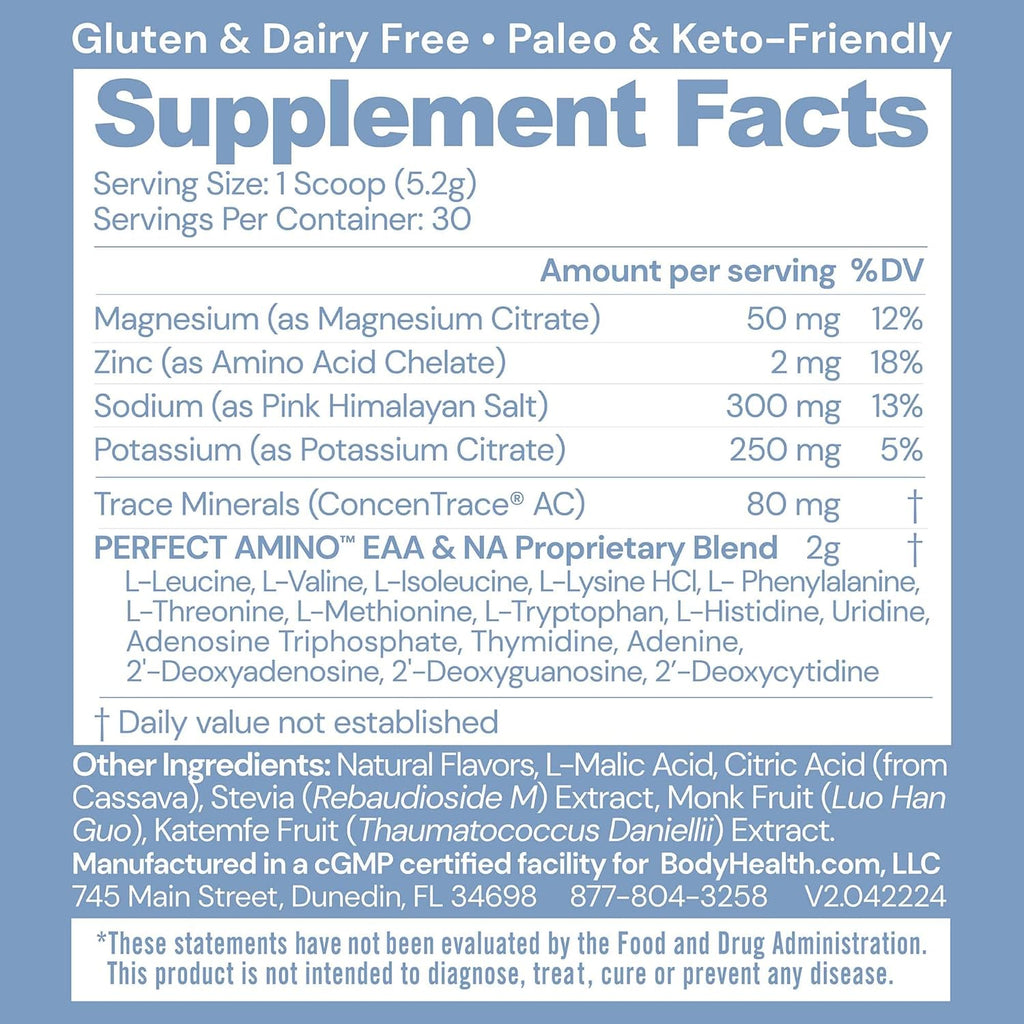 BodyHealth PerfectAmino Electrolytes Powder No Sugar, Keto Sugar Free Fasting Electrolytes Drink Mix, Hydration Powder with Trace Minerals - Watermelon - 30 Servings