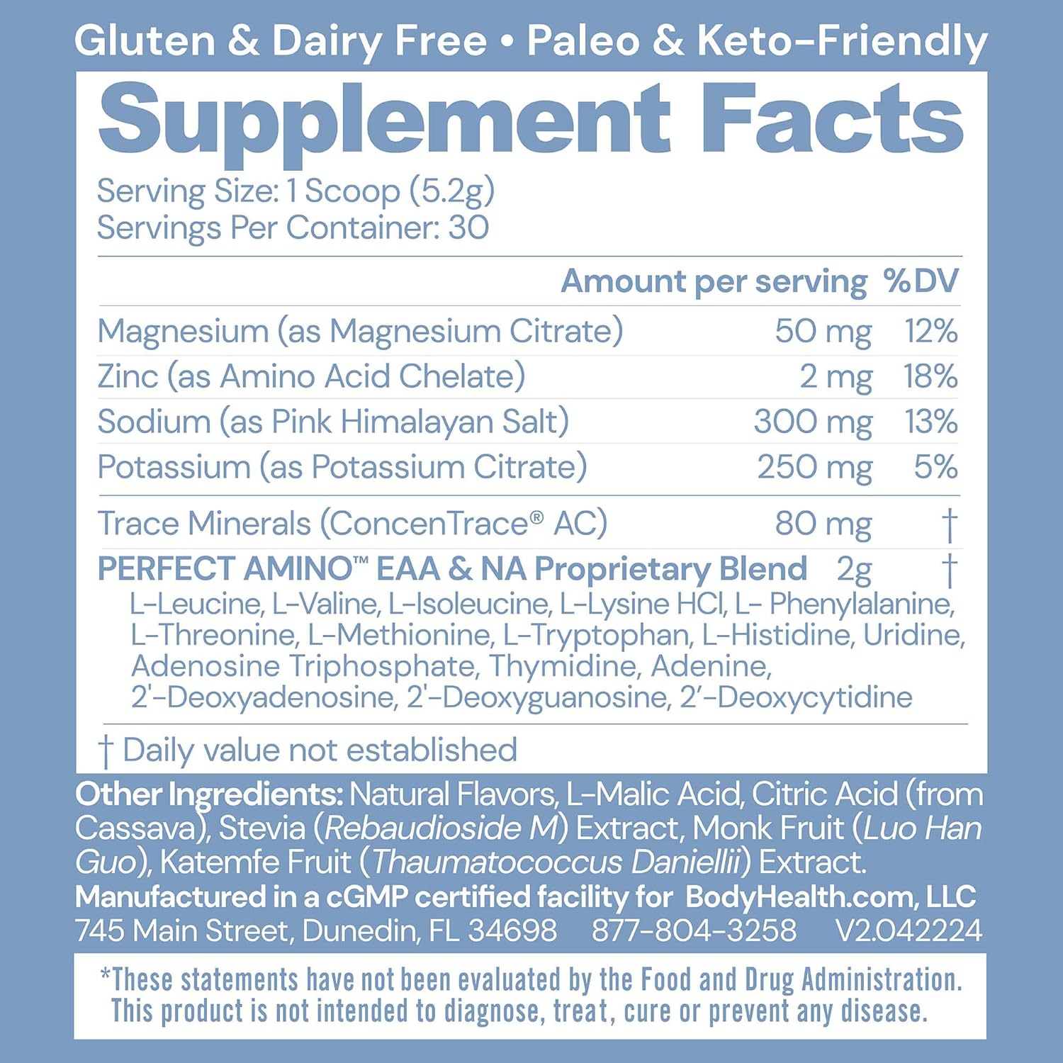 BodyHealth PerfectAmino Electrolytes Powder No Sugar, Keto Sugar Free Fasting Electrolytes Drink Mix, Hydration Powder with Trace Minerals - Watermelon - 30 Servings